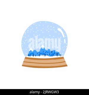 Doodle glass globe ball with snowy mountains and fir trees in Scandinavian style isolated on white background. Stock Vector