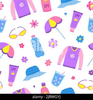 Seamless pattern with doodle colorful sun safety icons. Stock Vector