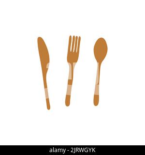 Doodle wooden knife, fork and spoon isolated on white background. Stock Vector