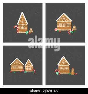 Cards with doodle gingerbread sweet houses and cookies, candies isolated on white background. Stock Vector