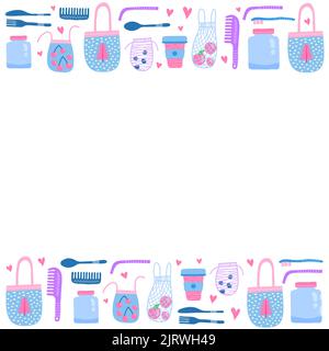 Poster with colorful doodle zero waste icons and space for text. Stock Vector