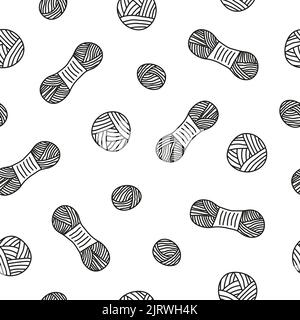Black and white seamless pattern with doodle outline skeins and balls of yarn. Stock Vector