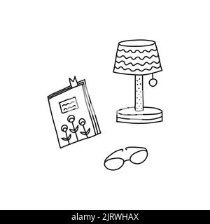 Doodle outline book or diary, table lamp and eyeglasses isolated on white background. Stock Vector
