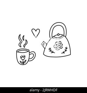 Cute doodle outline teapot and hot drink in cup with Scandinavian decor isolated on white background. Stock Vector