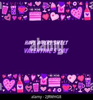 Poster with colorful doodle heart shaped and cute food icons on purple background. Perfect for Valentine s day design. Stock Vector
