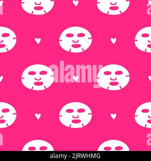 Simple pink seamless pattern with doodle cosmetic sheet masks and hearts. Stock Vector