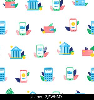Seamless pattern with colorful conceptual flat doodle bank, smartphone, wallet, credit card, coins icons. Stock Vector