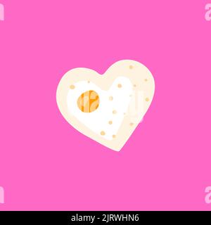 Colorful doodle heart shaped fried egg isolated on pink background. Stock Vector