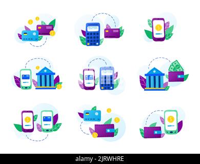 Money transaction, online banking service, mobile payments and transfers. Conceptual flat doodle bank, smartphone, wallet, credit card, coins icons in Stock Vector