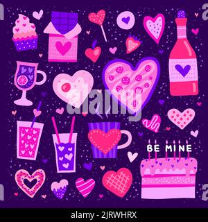 Set of colorful doodle heart shaped and cute food icons isolated on purple background. Perfect for Valentine s day design. Stock Vector
