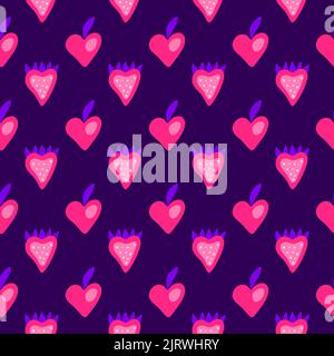 Cute colorful seamless pattern with doodle heart shaped strawberries and peaches. Stock Vector