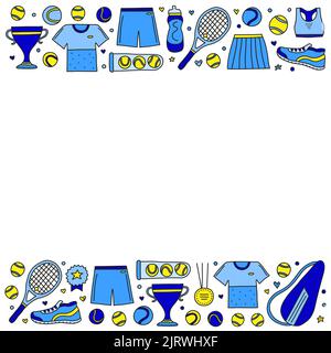 Poster with colorful doodle big tennis and sport items, equipment, clothes on white background. Stock Vector