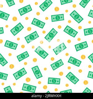 Simple seamless pattern with doodle money dollar banknotes and coins. Stock Vector