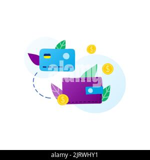 Flat doodle wallet, card and leaves in purple, blue, green colors isolated on white background. Money transactions and payments concept. Stock Vector