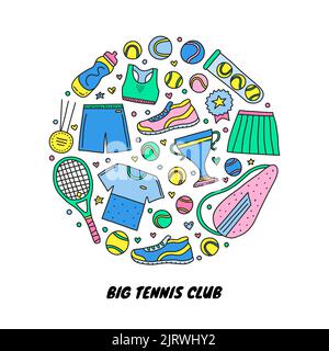 Doodle colored big tennis and sport items, equipment, clothes composed in circle shape. Stock Vector