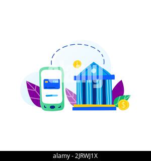 Flat doodle smartphone, bank icon and leaves in purple, blue, green colors isolated on white background. Money transactions and payments concept. Stock Vector