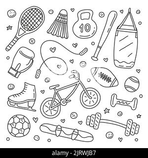 Set of doodle outline sport items, equipment isolated on white background. Stock Vector