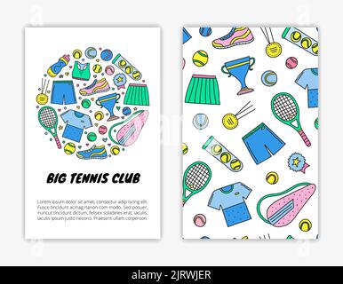 Card templates with doodle colored big tennis and sport items, equipment, clothes. Used clipping mask. Stock Vector