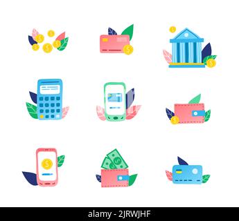 Money transaction, online banking service, mobile payments and transfers. Conceptual flat doodle bank, smartphone, wallet, credit card, coins icons in Stock Vector