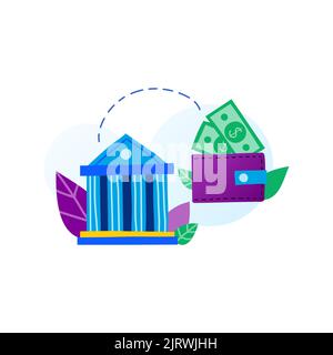 Flat doodle bank icon, wallet with dollar banknotes and leaves in purple, blue, green colors isolated on white background. Money transactions and paym Stock Vector