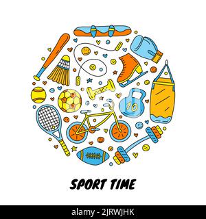 Doodle colored sport items, equipment composed in circle shape. Stock Vector