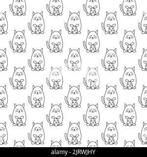 Black and white seamless pattern with cute doodle outline cats and eggs. Stock Vector