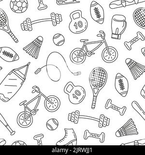 Black and white seamless pattern with doodle outline sport items, equipment. Stock Vector
