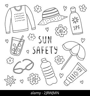 Set of outline doodle sun safety icons isolated on white background. Stock Vector