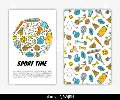 Card templates with doodle colored sport items, equipment. Used clipping mask. Stock Vector