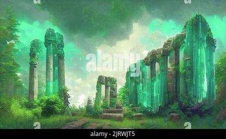 3D render of colossal abstract sureals emerald stone ruins