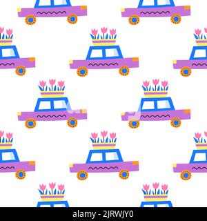 White seamless pattern with doodle colorful cars and tulip flowers in container. Stock Vector
