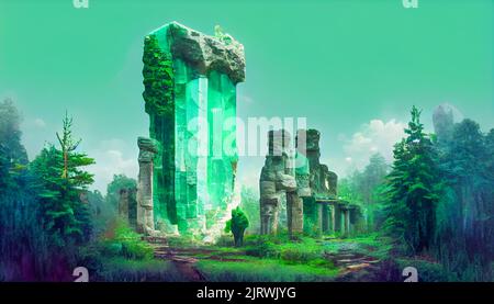 3D render of colossal abstract sureals emerald stone ruins