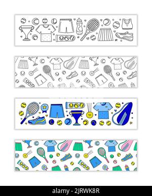 Horizontal banners with doodle big tennis and sport items, equipment, clothes. Used clipping mask. Stock Vector