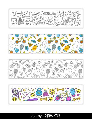 Horizontal banners with doodle colored sport items, equipment. Used clipping mask. Stock Vector