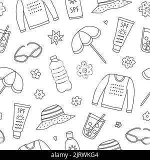 Black and white seamless pattern with doodle outline sun safety icons. Stock Vector