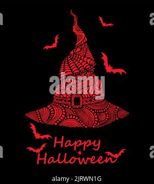 Fun Witch hat red color for Happy Halloween. Funny doodle style,crazy halloween. Stock Vector