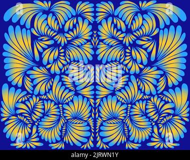 Blue and yellow colorful psychedelic mandala in support Ukraine. Pattern isolated on dark blue background. Stylish card. Vector hand drawn illustratio Stock Vector