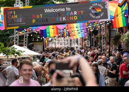 Manchester, UK. 26th Aug, 2022. Canal street on Friday first day of THE MANCHESTER PRIDE FESTIVAL 2022. Manchester UK.Thursday 25th Aug to Monday 29th August. Manchester Pride, in partnership with Virgin Atlantic, is its annual flagship event that takes over the city every year across the August bank holiday weekend in celebration of LGBTQ+ life. Headliners include Spice Girl Mel C, Duncan Jones and Drag Race UK star Bimini Credit: GaryRobertsphotography/Alamy Live News Credit: GaryRobertsphotography/Alamy Live News Stock Photo