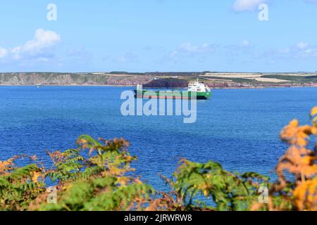 Green tanker on the Milford Haven Waterway, Pembrokeshire, Wales Stock Photo