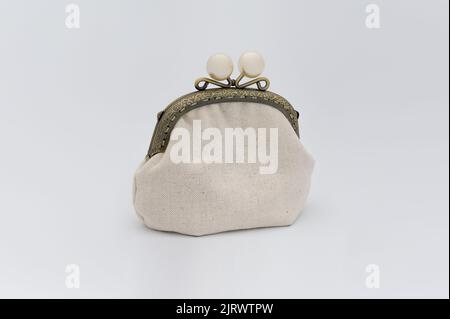 handmade fabric purse on white background Stock Photo