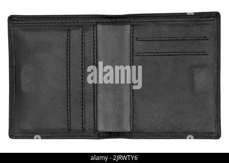 open, empty man's leather wallet from top on white background, isolated Stock Photo