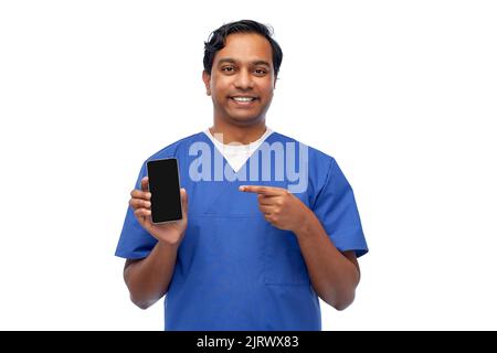 smiling doctor or male nurse with smartphone Stock Photo