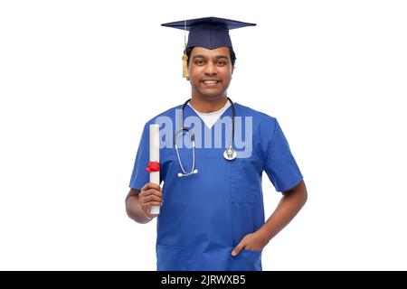 happy indian doctor or male nurse with stethoscope Stock Photo