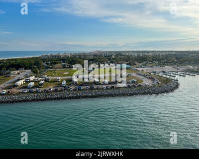 Orlando, FL USA - February 12, 2022: An aerial view of Port Canaveral in Florida. Stock Photo