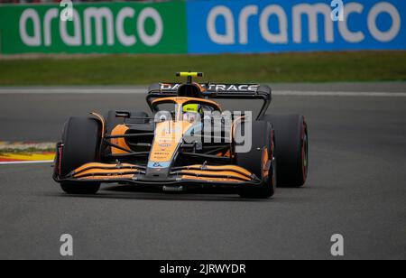 Spa, Belgium. 26th Aug, 2022. August 26, 2022: McLaren #4 Lando Norris from Great Britain drives during the first practice session of F1 Rolex Grand Prix of Belgium at Circuit de Spa-Francorchamps in Francorchamps, Belgium. Justin Cooper/CSM Credit: Cal Sport Media/Alamy Live News Stock Photo