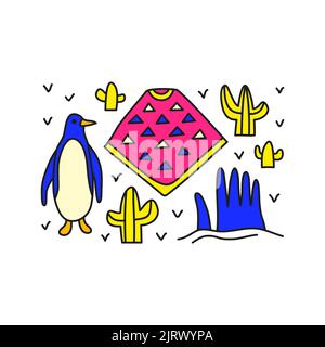 Group of doodle colored Chile icons including penguin, poncho, alpaca, giant hand in atacama desert, cactuses isolated on white background. Stock Vector