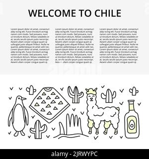 Article template with space for text and doodle outline Chile icons including penguin, poncho, alpaca, giant hand in atacama desert, avocado oil, cact Stock Vector