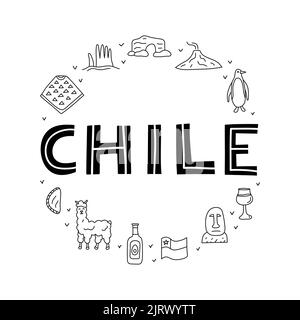 Doodle outline Chile icons including Easter island statue, Villarrica volcano, empanadas, penguin, poncho, alpaca, avocado oil, wine, flag composed in Stock Vector
