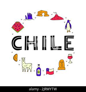 Doodle colored Chile icons including Easter island statue, Villarrica volcano, empanadas, penguin, poncho, alpaca, avocado oil, wine, flag composed in Stock Vector