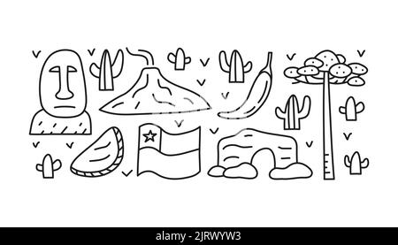 Group of doodle outline Chile icons including Easter island statue, Villarrica volcano, flag, empanadas, chili pepper, araucaria tree, cactuses isolat Stock Vector